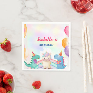 Cute Magical Rainbow Dino Unicorn Birthday Party Napkin