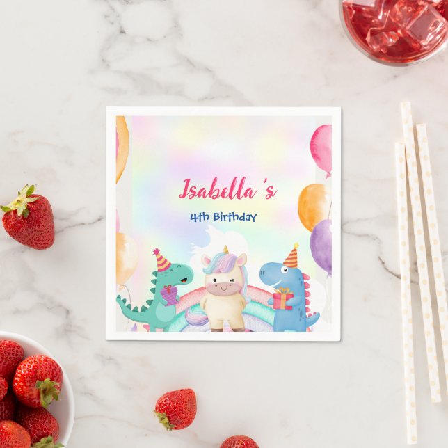 Cute Magical Rainbow Dino Unicorn Birthday Party  Napkin (Insitu)
