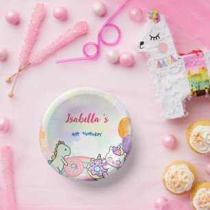 Cute Magical Rainbow Dino Unicorn Birthday Party Paper Plate
