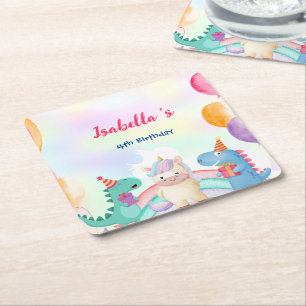 Cute Magical Rainbow Dino Unicorn Birthday Party  Square Paper Coaster