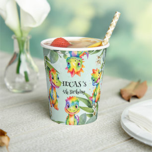 Cute Magical Rainbow Dinosaur Happy Birthday Party Paper Cups