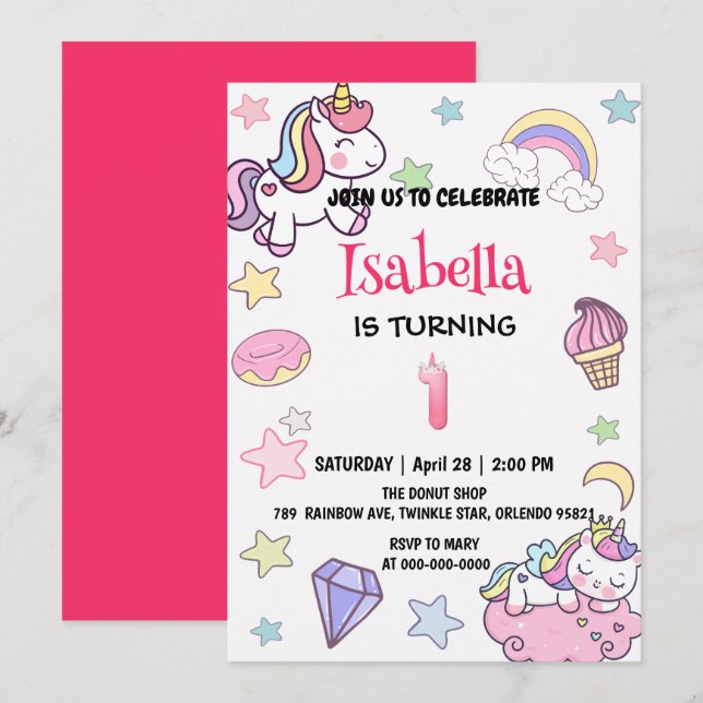 Cute Magical Rainbow Unicorn 1st Birthday Party  Invitation (Front/Back)