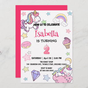 Cute Magical Rainbow Unicorn 2nd Birthday Party Invitation
