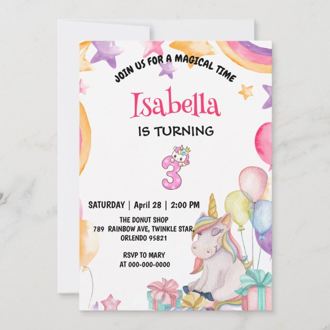 Cute Magical Rainbow Unicorn 3rd Birthday Party  Invitation (Front)