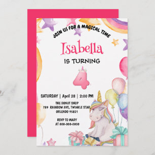 Cute Magical Rainbow Unicorn 4th Birthday Party  Invitation