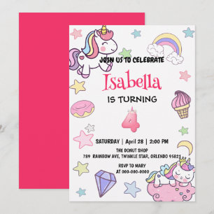 Cute Magical Rainbow Unicorn 4th Birthday Party  Invitation