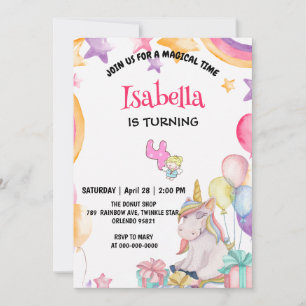 Cute Magical Rainbow Unicorn 4th Birthday Party  Invitation