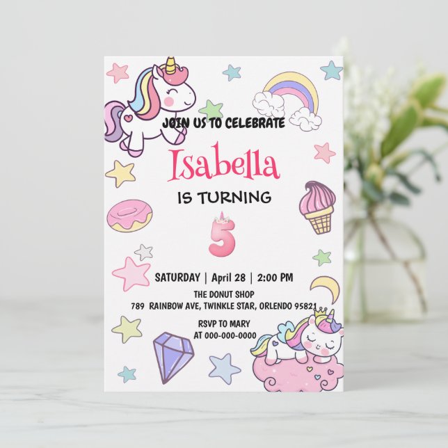 Cute Magical Rainbow Unicorn 5th Birthday Party  Invitation (Standing Front)
