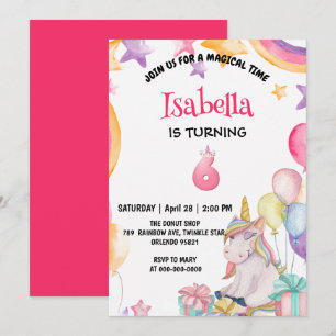Cute Magical Rainbow Unicorn 6th Birthday Party  Invitation