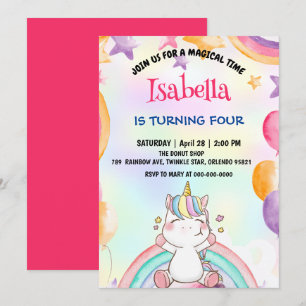 Cute Magical Rainbow Unicorn Birthday Party  Invitation