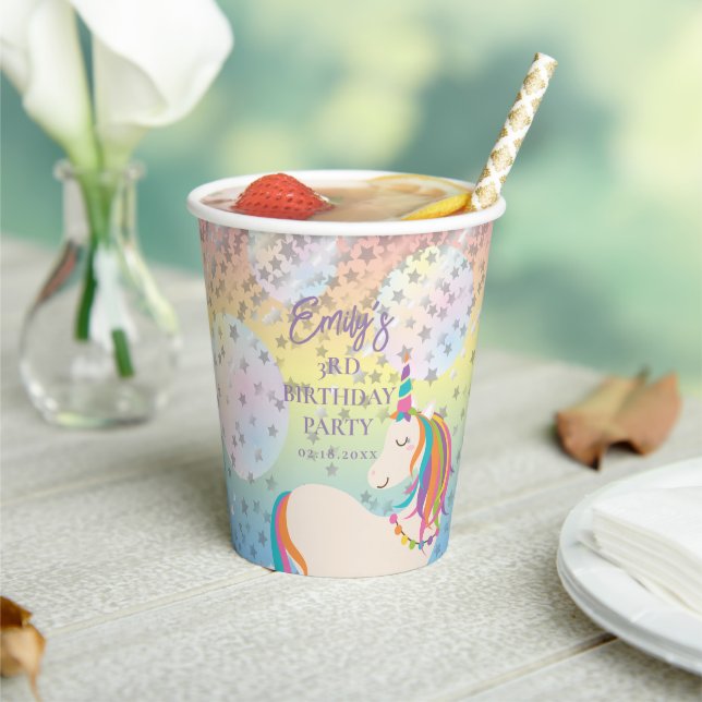 Cute Magical Rainbow Unicorn Girl Birthday Party Paper Cups (Insitu)