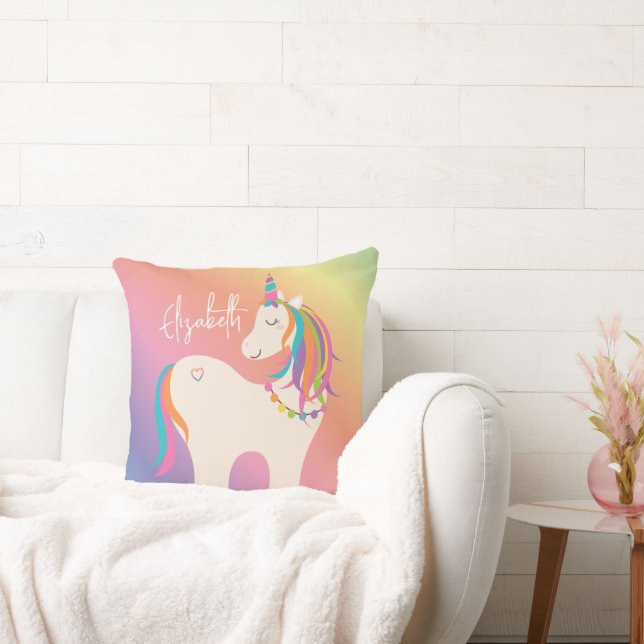 Cute Magical Rainbow Unicorn Personalized Name Throw Pillow (Couch)