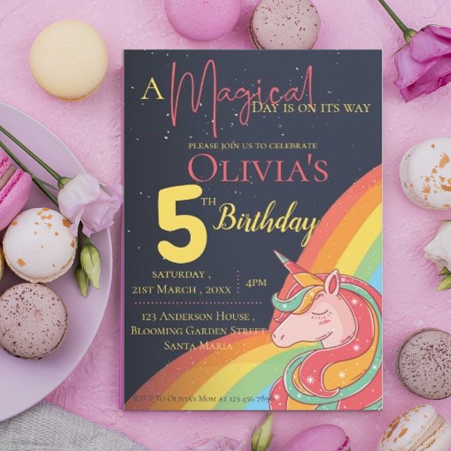 Cute Magical Rainbow Unicorn Sparkle Birthday Invitation (Unicorn Rainbow 5th Magical Kids Birthday Party Invitation)
