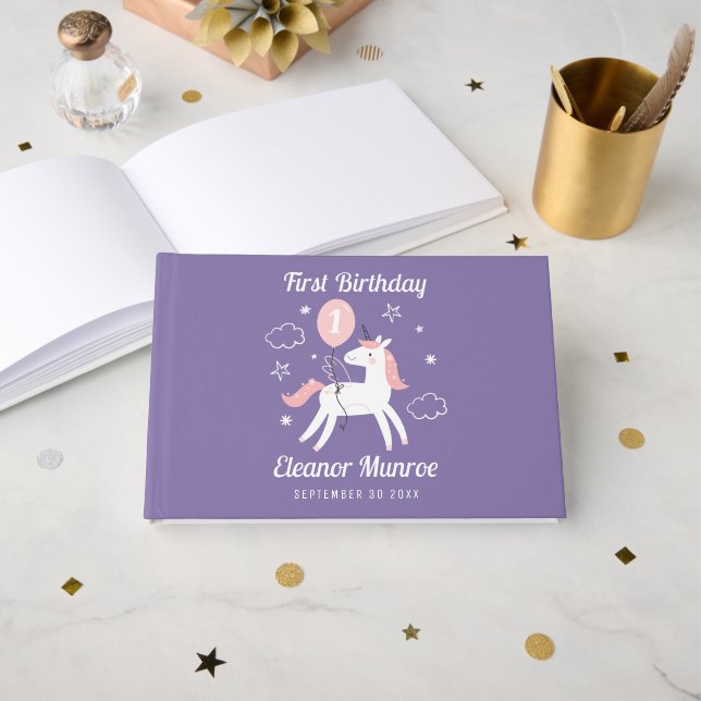 Cute Magical Unicorn Birthday Party Guest Book (Front Open)