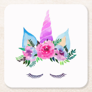 Cute Magical Unicorn Face Square Paper Coaster