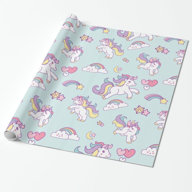 Cute Magical Unicorn Pastel colour Personalized Wrapping Paper (Unrolled)