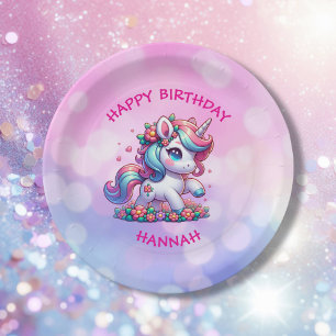 Cute Magical Unicorn Personalized Girl's Birthday Paper Plate