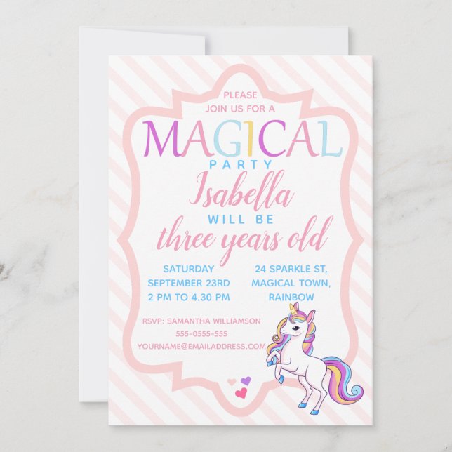 Cute Magical Unicorn Pink Birthday Invitation (Front)