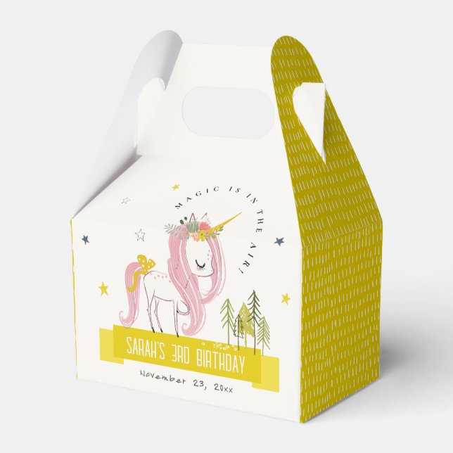 Cute Magical Unicorn Pink Yellow Kids Birthday Favor Box (Front Side)
