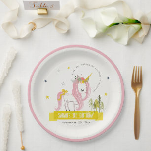 Cute Magical Unicorn Pink Yellow Kids Birthday Paper Plate