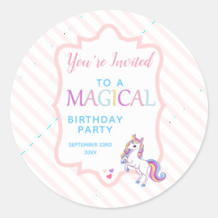 Cute Magical Unicorn Pink You're invited Classic Round Sticker
