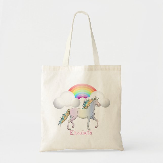 Cute  Magical Unicorn, Rainbow Tote Bag (Front)