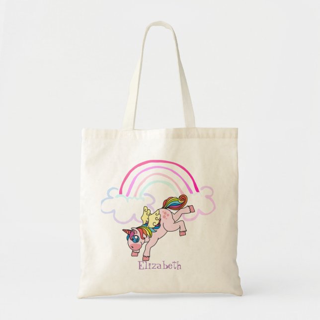 Cute  Magical Unicorn, Rainbow Tote Bag (Front)