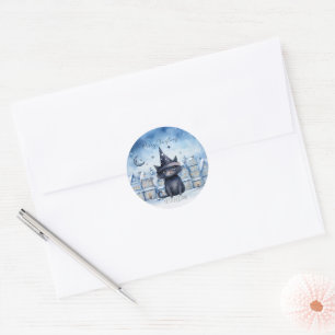 Cute Magical Wizard Black Cat Watercolor Christmas Classic Round Sticker