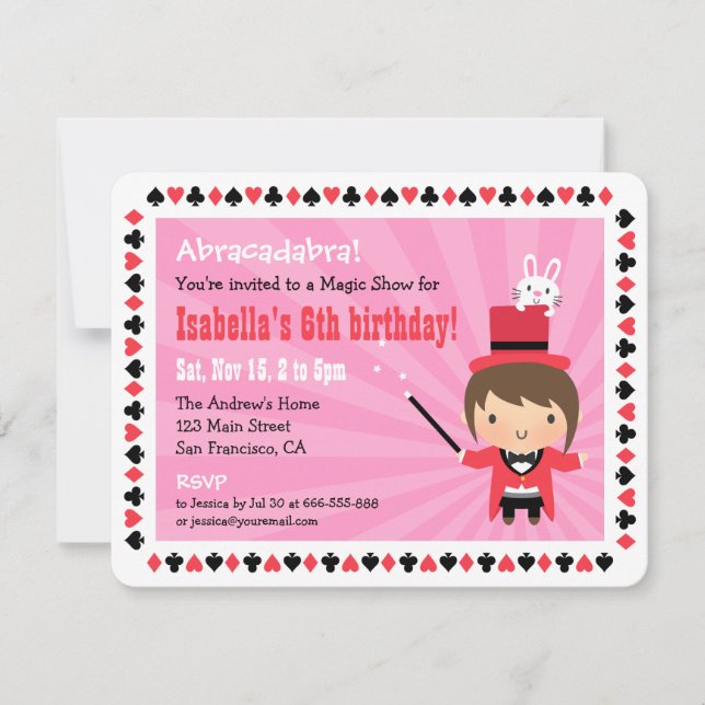 Cute Magician Girl Kids Magic Party Invitations (Front)