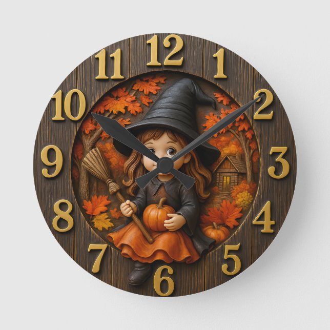 Cute Magician Lantern Magic in Autumn Round Clock (Front)