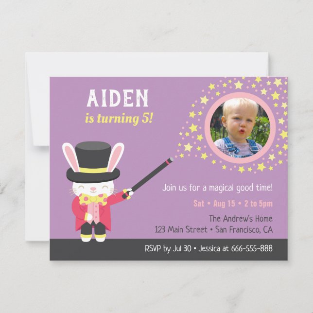 Cute Magician Rabbit Photo Kids Birthday Party Invitation (Front)