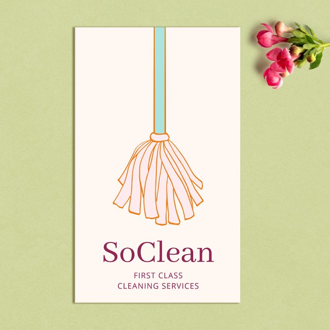 Cute Maid House Cleaner Cleaning Services Pink Mop Business Card (Creator Uploaded)