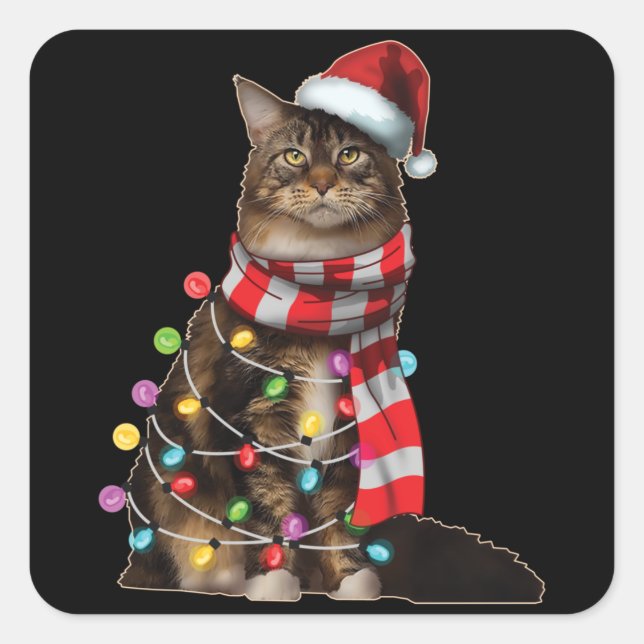 Cute Maine Coon Cat Funny Xmas Holiday Gift Square Sticker (Front)