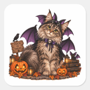 Cute Maine Coon Cat Vampire Halloween Square Sticker