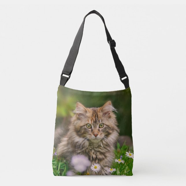 Cute Maine Coon Kitten Cat Flower Meadow Photo on Crossbody Bag (Front)