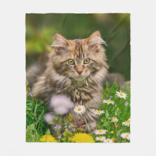 Cute Maine Coon Kitten Cat in Flower Meadow - cozy Fleece Blanket