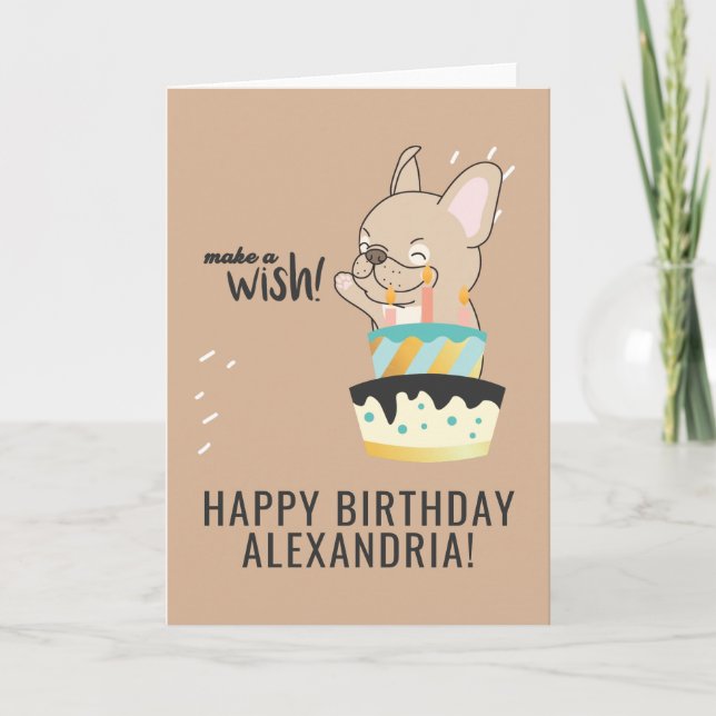 Cute Make a Wish Dog Cartoon Cake Happy Birthday Card (Front)