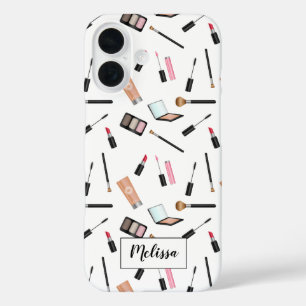 Cute Makeup Things Pattern With Personalized Name iPhone 16 Case