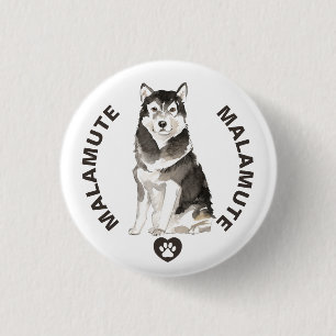 Cute Malamute Dog Breed Watercolors 1 Inch Round Button