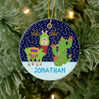 Cute Male Christmas Llama With Name Ceramic Ornament