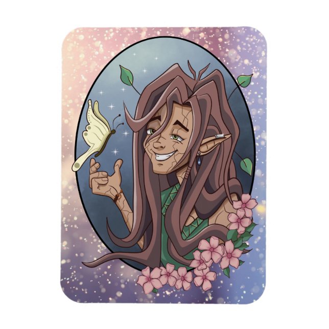 Cute Male Elf And Pale Cream Butterfly Magnet (Vertical)