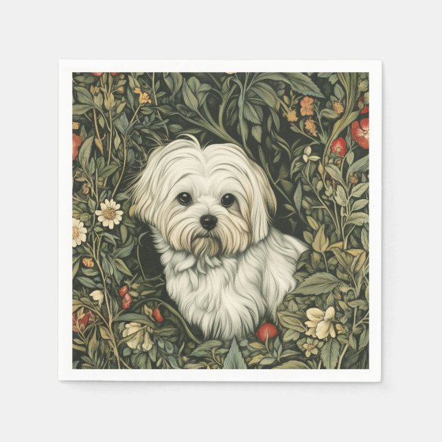 Cute Maltese Dog in a William Morris Style Garden Napkin (Front)