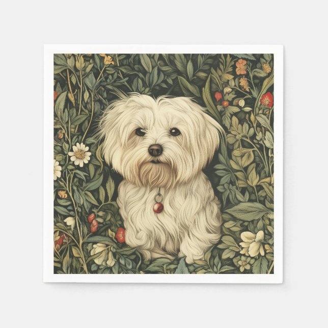 Cute Maltese Dog in a William Morris Style Garden Napkin (Front)