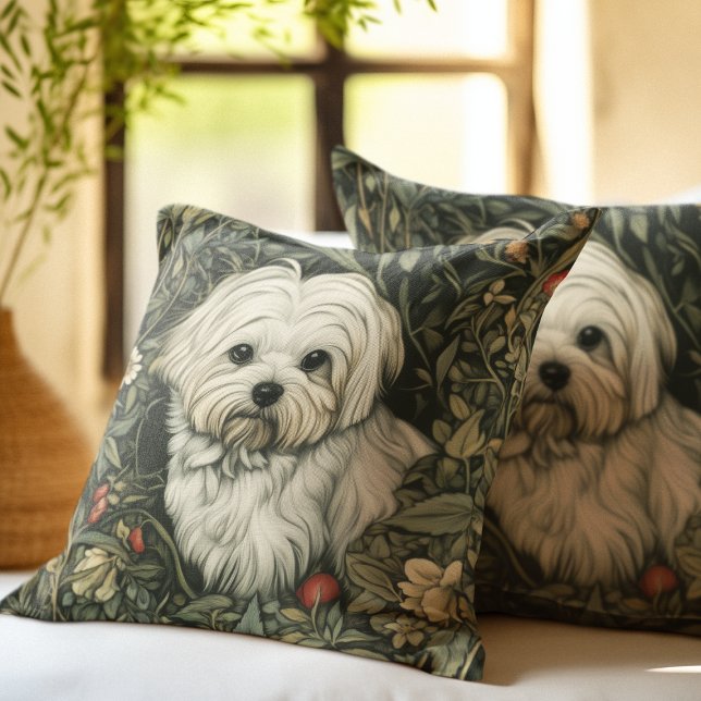 Cute Maltese Dog in a William Morris Style Garden Throw Pillow (Creator Uploaded)