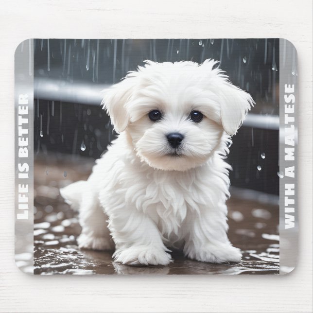 Cute Maltese Dog Puppy Fall Rain Custom Name Mouse Pad (Front)