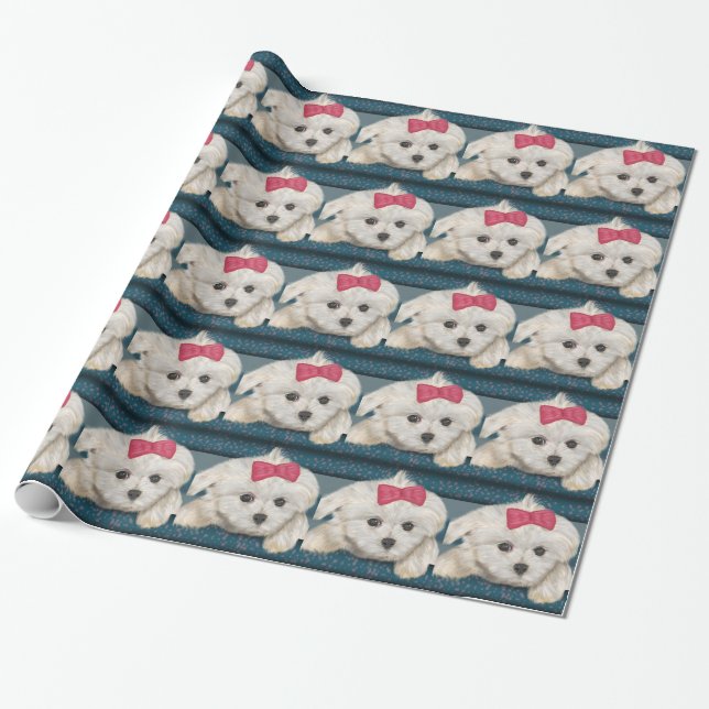 Cute Maltese Dog with Creme Fur and Red Ribbon Wrapping Paper (Unrolled)