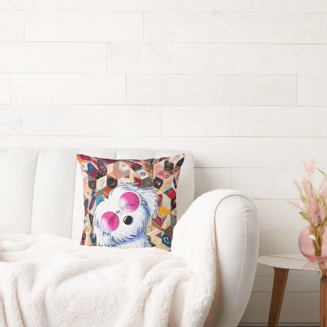 Cute Maltese On Crazy Quilt Throw Pillow (Couch)