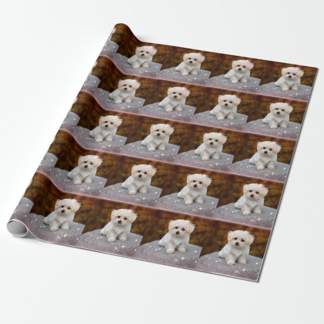 Cute Maltese Puppy Christmas Wrapping Paper (Unrolled)
