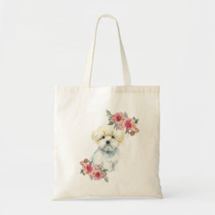 Cute Maltese Puppy Dog with Flowers Watercolor Tote Bag