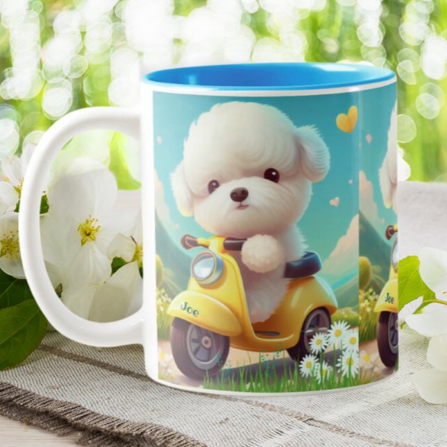 Cute Maltese Puppy Dog Yellow Scooter Personalized Two-Tone Coffee Mug (Creator Uploaded)